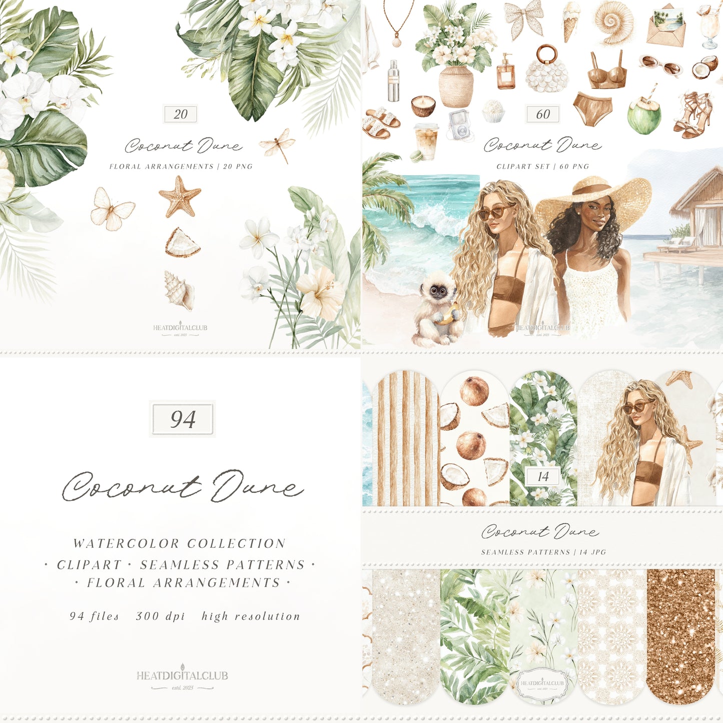 Coconut Dune - Tropical Clipart Bundle, Beach Aesthetic, Neutral Coastal Elements, Resort Vacation | 94 PNG/JPEG