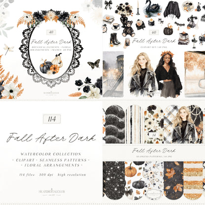 Fall After Dark - Clipart Bundle, Coquette Autumn, Black Lace Fall, Moody Rainy Autumn, Feminine Gothic | 114 PNG/JPEG