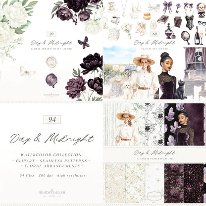 Day & Midnight - Clipart Set Bundle, Romantic Dark Gothic, Feminine, Cottagecore | 94 PNG/JPEG