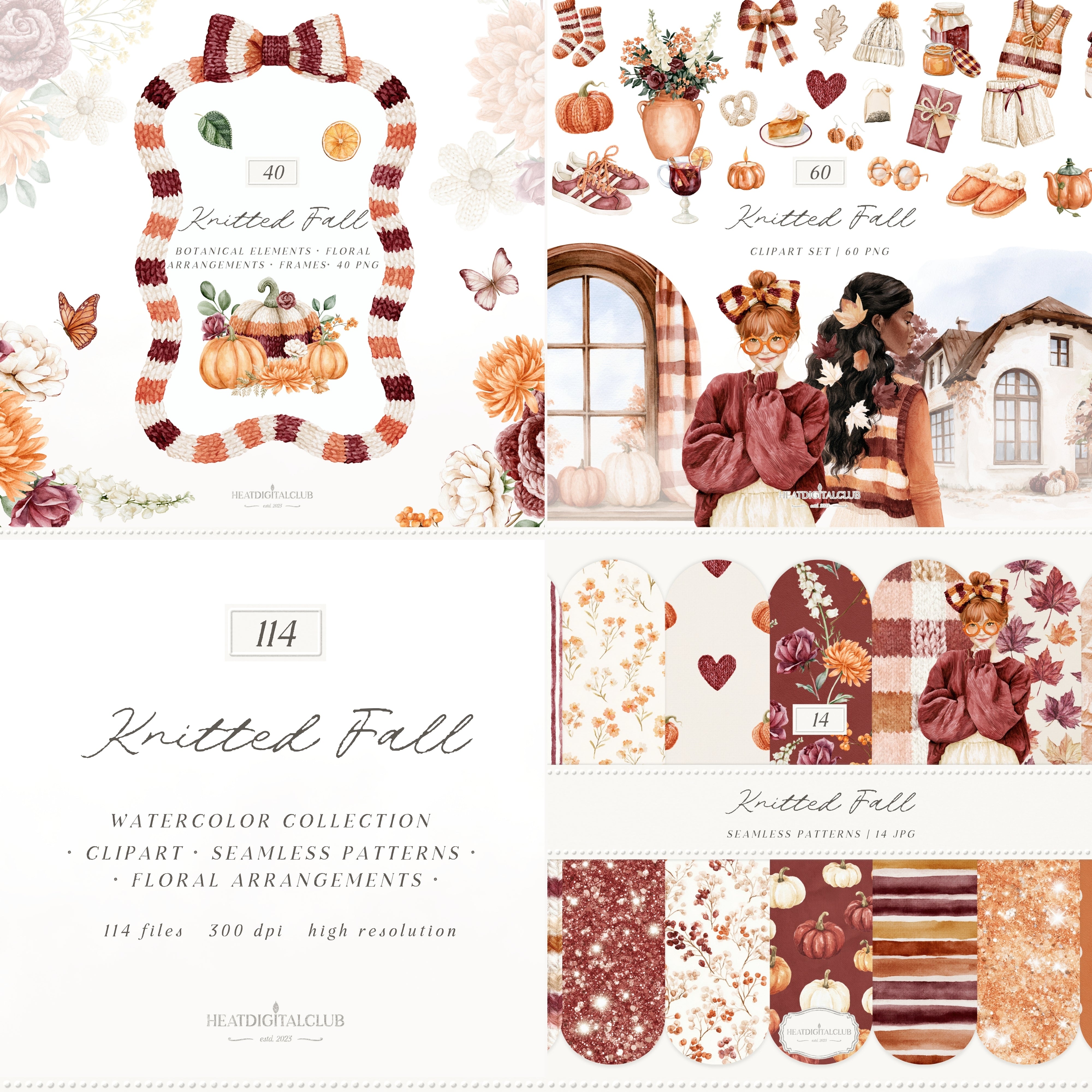 Knitted Fall - Watercolor Collection, Autumn Clipart Bundle, Cozy