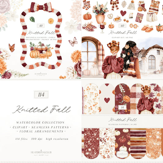 Knitted Fall - Watercolor Collection, Autumn Clipart Bundle, Cozy Fall Patterns, Floral Arrangements, Pumpkin | 114 PNG/JPEG