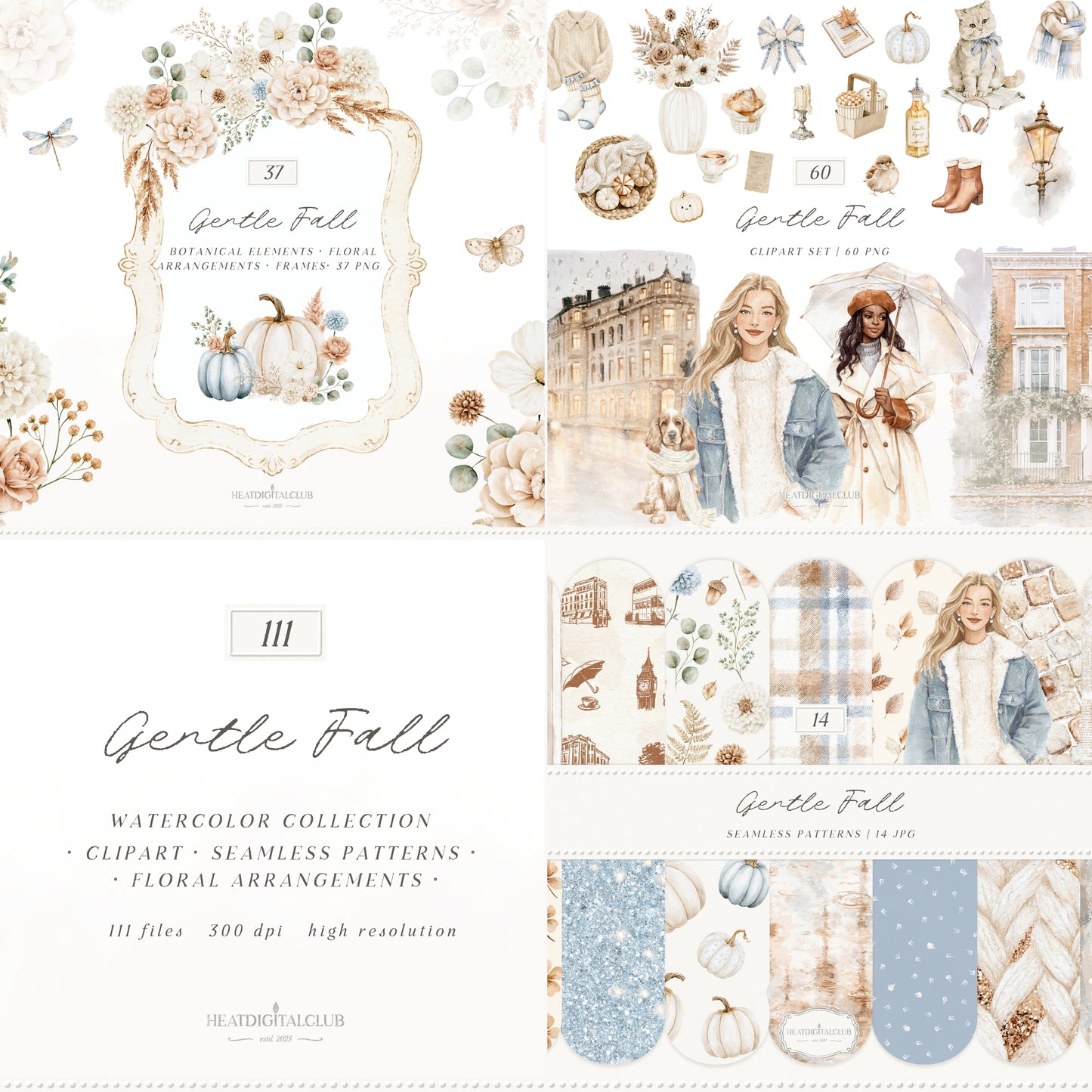 Gentle Fall - Clipart & Seamless Patterns Collection, Cozy Fall, Neutral Autumn, London | 111 PNG/JPEG