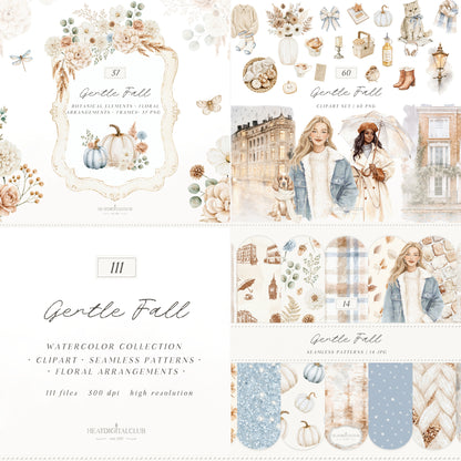 Gentle Fall - Clipart & Seamless Patterns Collection, Cozy Fall, Neutral Autumn, London | 111 PNG/JPEG