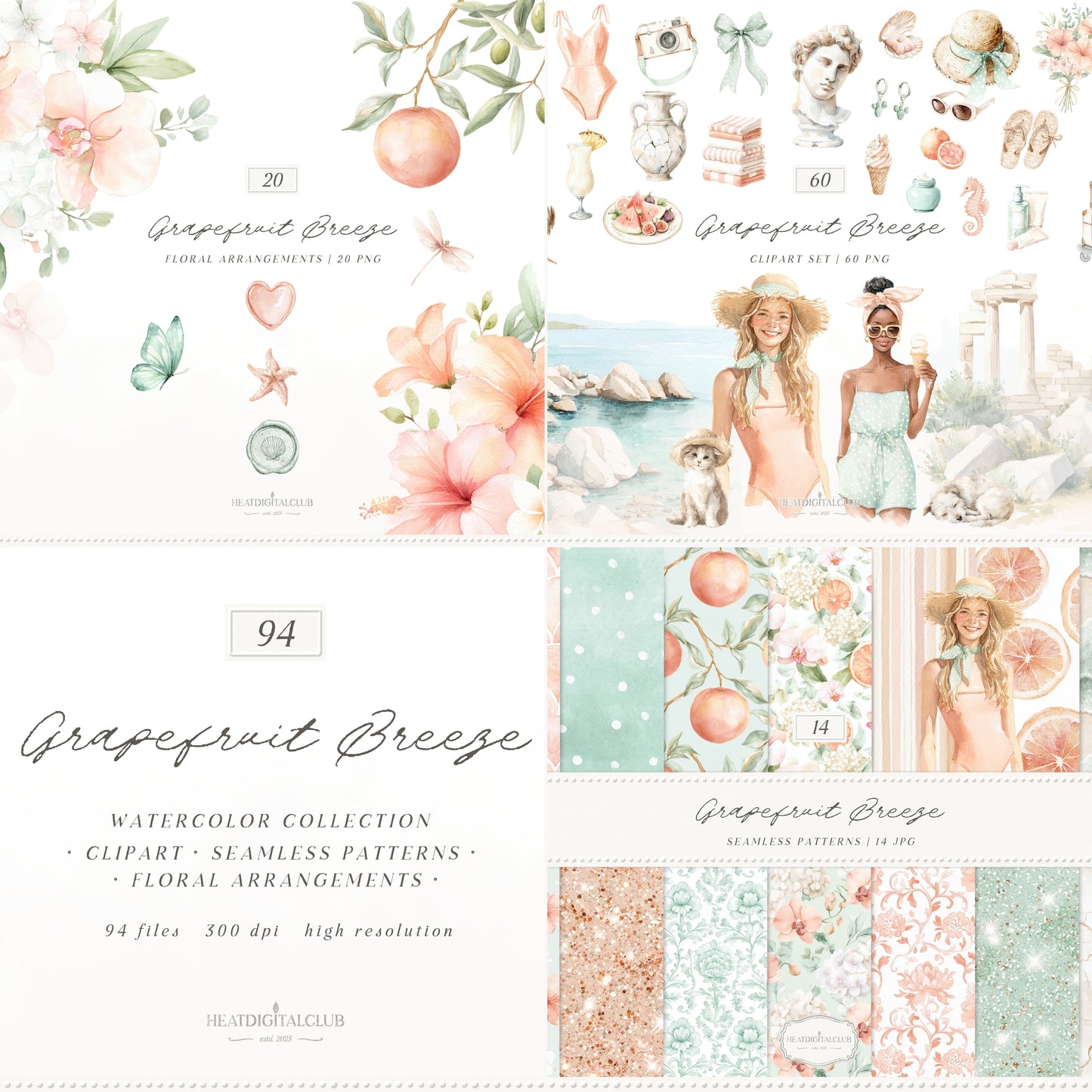 Grapefruit Breeze - Summer Clipart, Mediterranean Beach, Coastal Aesthetic, Citrus, Vacation | 94 PNG/JPEG