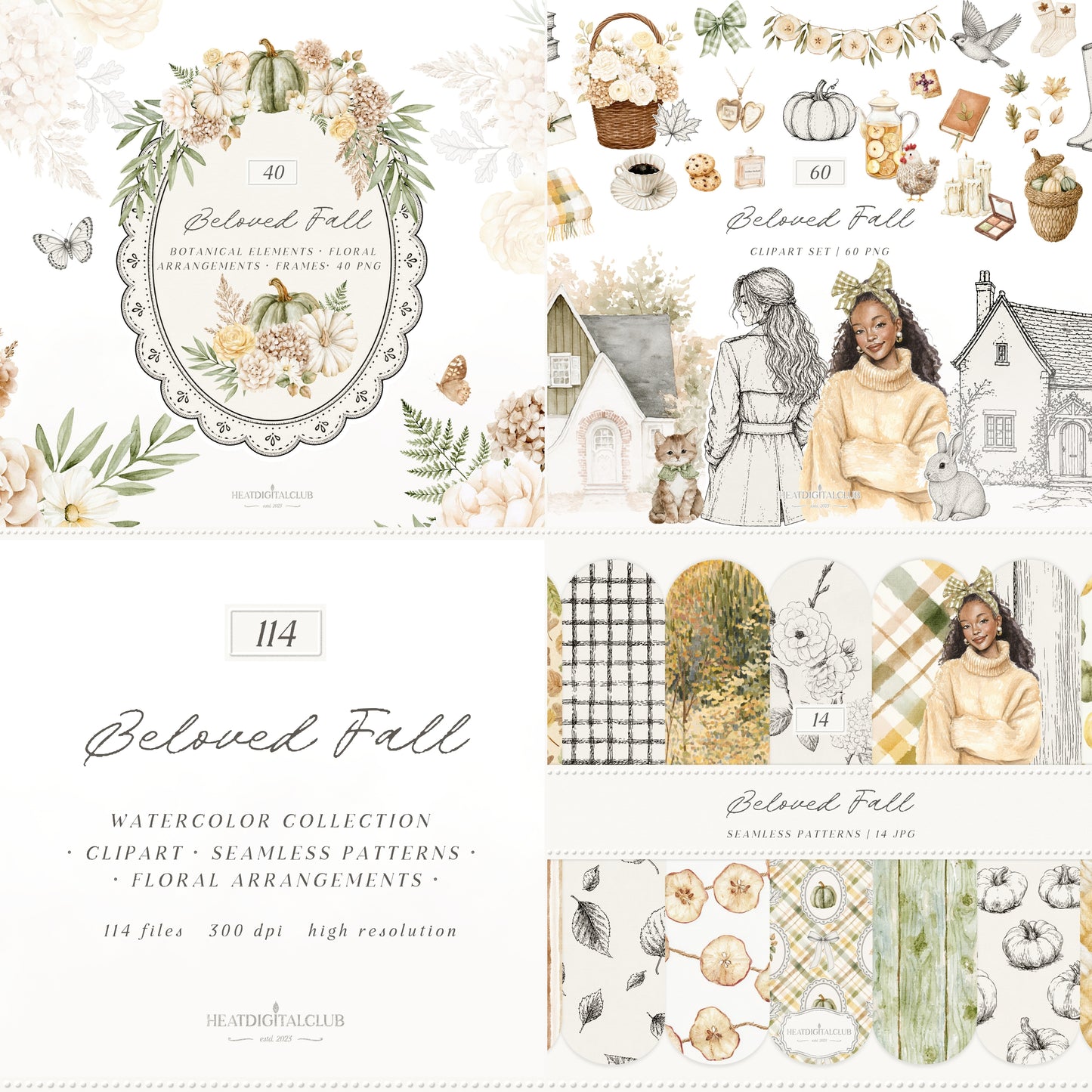 Beloved Fall - Autumn Clipart Bundle, Fall Clipart & Patterns, Floral Set, Cozy Fall Graphics | 114 PNG/JPEG
