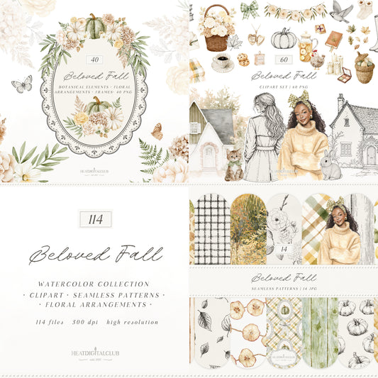 Beloved Fall - Autumn Clipart Bundle, Fall Clipart & Patterns, Floral Set, Cozy Fall Graphics | 114 PNG/JPEG