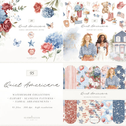Quiet Americana - 4th of July Clipart Bundle, Vintage Summer, Independence Day, Patriotic | 95 PNG/JPEG