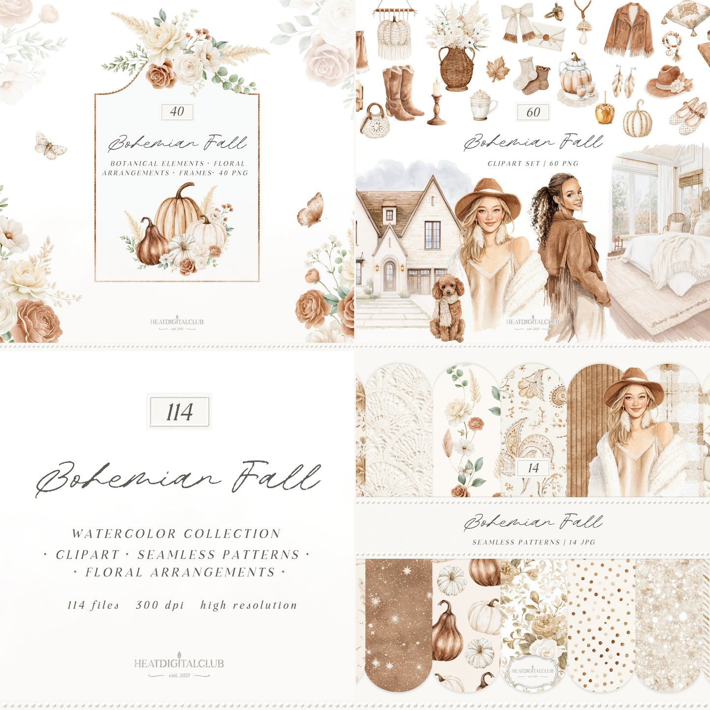 Bohemian Fall - Boho Autumn Clipart Bundle, Western Fall Graphics,Pumpkin Clipart, Cottage Fall | 114 PNG/JPEG