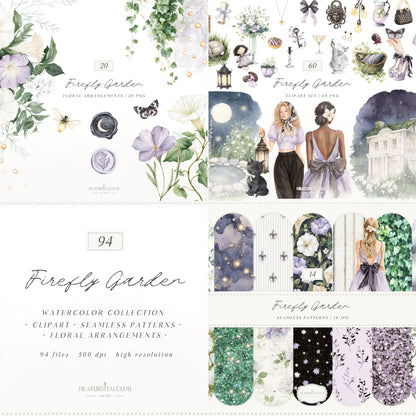 Firefly Garden - Clipart Bundle, Night Summer Garden, Moonlight, Cottagecore, Mystical Garden | 94 PNG/JPEG