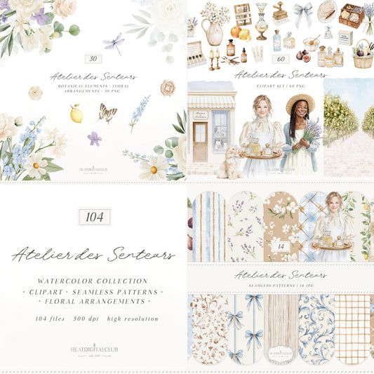 Atelier Des Senteurs - French Perfume Clipart and Seamless Patterns Bundle, Watercolor Provence Cottagecore | 104 PNG/JPEG