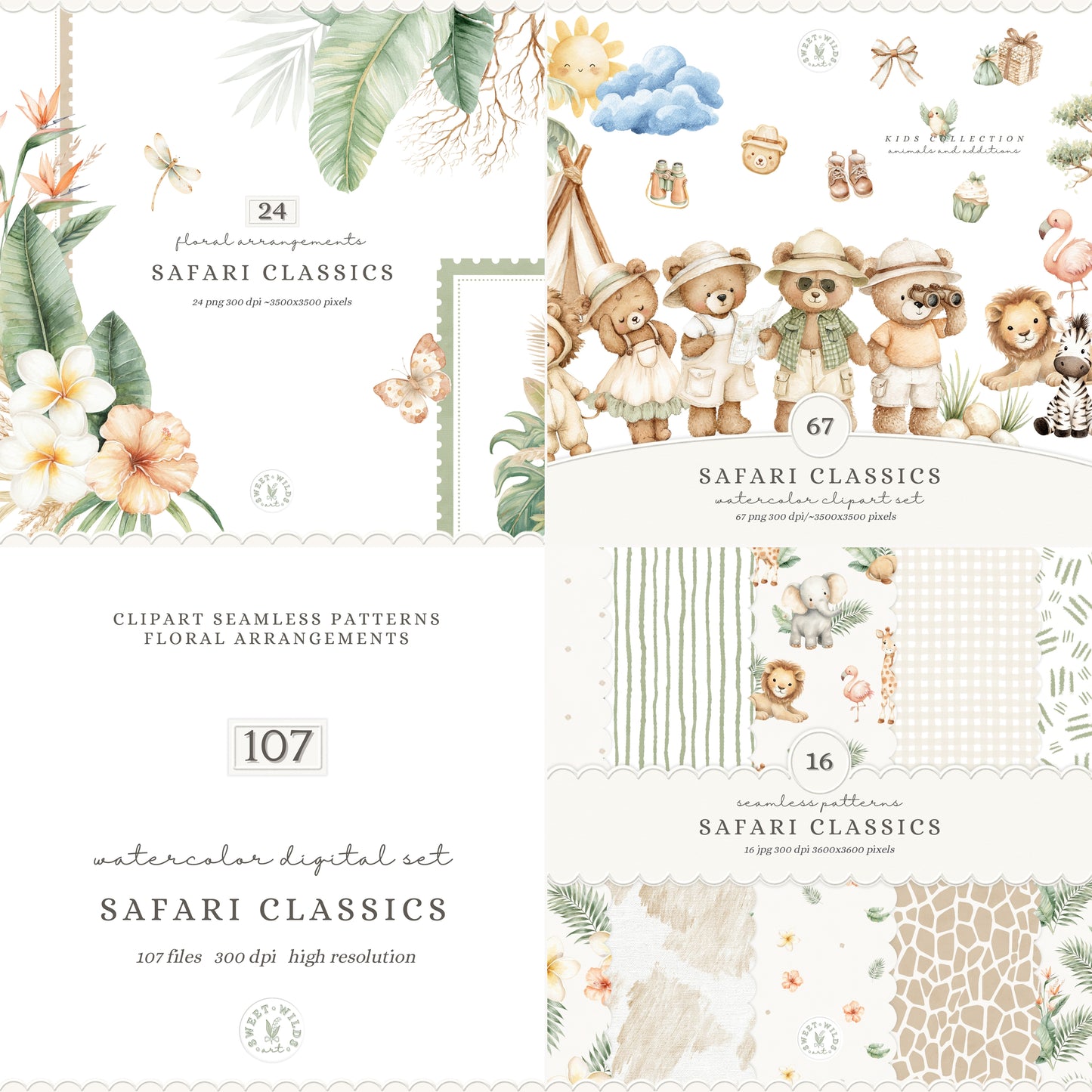 Safari Classics - Clipart Bundle, Teddy Bear, Cute Jungle, Baby Shower Nursery | 107 PNG/JPEG