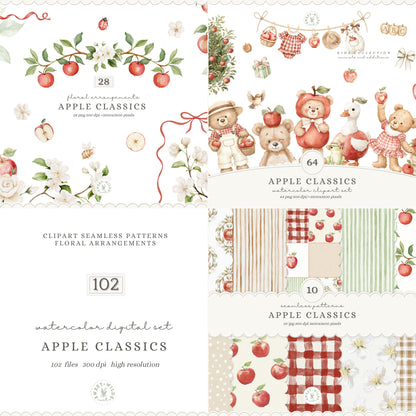 Apple Classics - Apple Classics Nursery Clipart Bundle, Cute Animals, Orchard Kids, Fall Baby | 102 PNG/JPEG