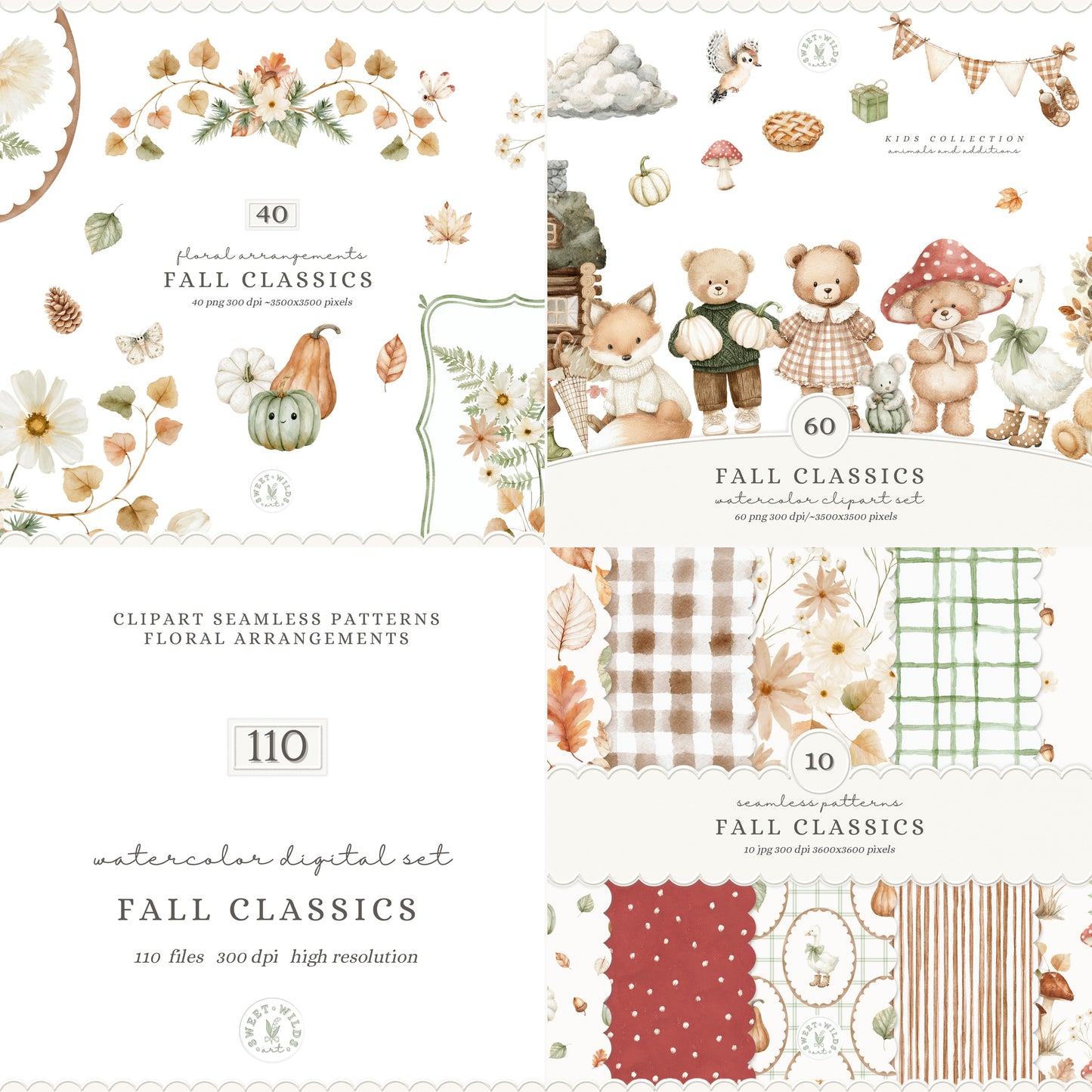 Fall Classics - Teddy Bears Clipart Bundle, Autumn Kids Animals, Vintage Toys, Goose, Pumpkins, Cozy Nursery | 110 PNG/JPEG