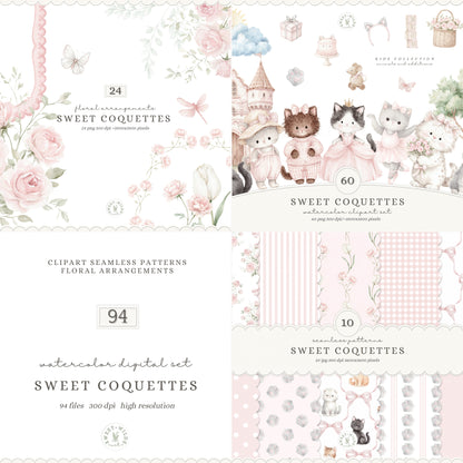 Sweet Coquettes - Cute Pink Cats Clipart Bundle, Coquette Nursery, Baby Girl Graphics, Ballet Cat | 94 PNG/JPEG