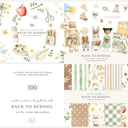 Back To School - Watercolor Clipart and Seamless Patterns Bundle | 100 PNG/JPEG