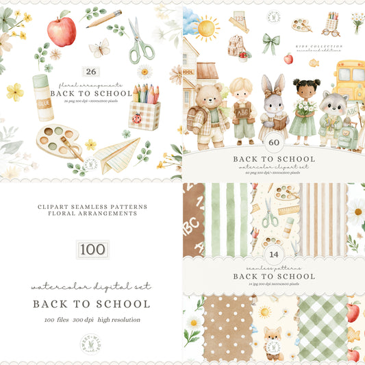 Back To School - Watercolor Clipart and Seamless Patterns Bundle | 100 PNG/JPEG