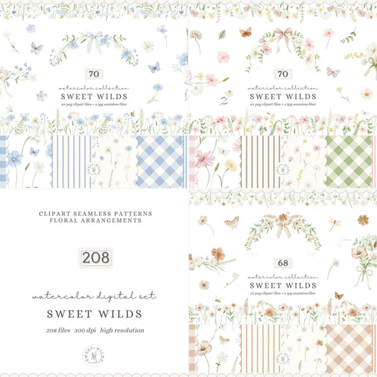 Sweet Wilds - Clipart Bundle, Pink Blue Beige Florals, Cottagecore Flowers, Baby Shower, Wildflower | 208 PNG/JPEG