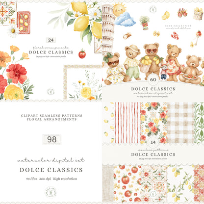 Dolce Classics - Italian Teddy Bear Clipart Bundle, Dolce Vita Animals, Lemon Summer, Cute Nursery , Baby Shower | 98 PNG/JPEG