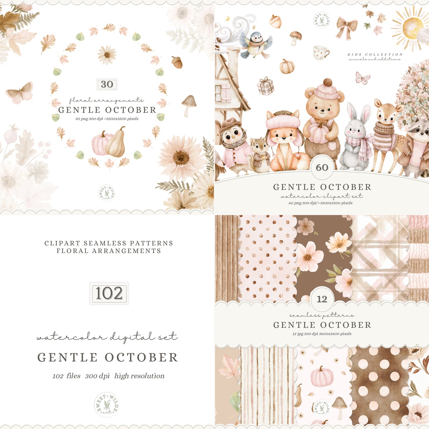 Gentle October - Watercolor Fall Clipart Seamless Patterns Bundle, Kids Woodland Collection | 102 PNG/JPEG