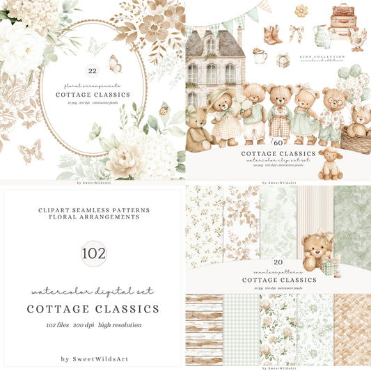 Cottage Classics - Teddy Bears Clipart, Kids Nursery, Vintage Toys, Grandmillennial | 102 PNG/JPEG