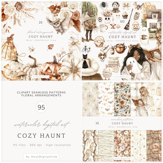 Cozy Haunt - Collection Bundle, Neutral Halloween Clipart, Autumn Ghost | 95 PNG/JPEG