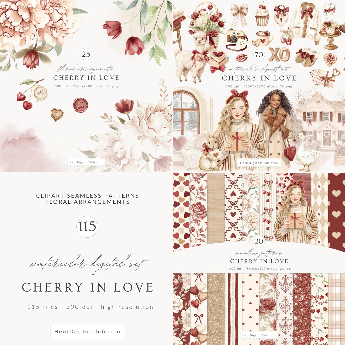 Cherry in Love - Valentine's Day Clipart Bundle, Cute Animals, Hearts, Bows, Romantic | 115 PNG/JPEG