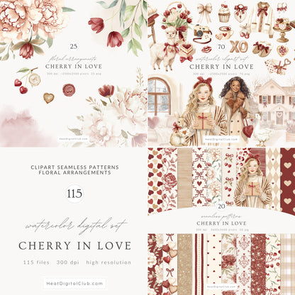 Cherry in Love - Valentine's Day Clipart Bundle, Cute Animals, Hearts, Bows, Romantic | 115 PNG/JPEG