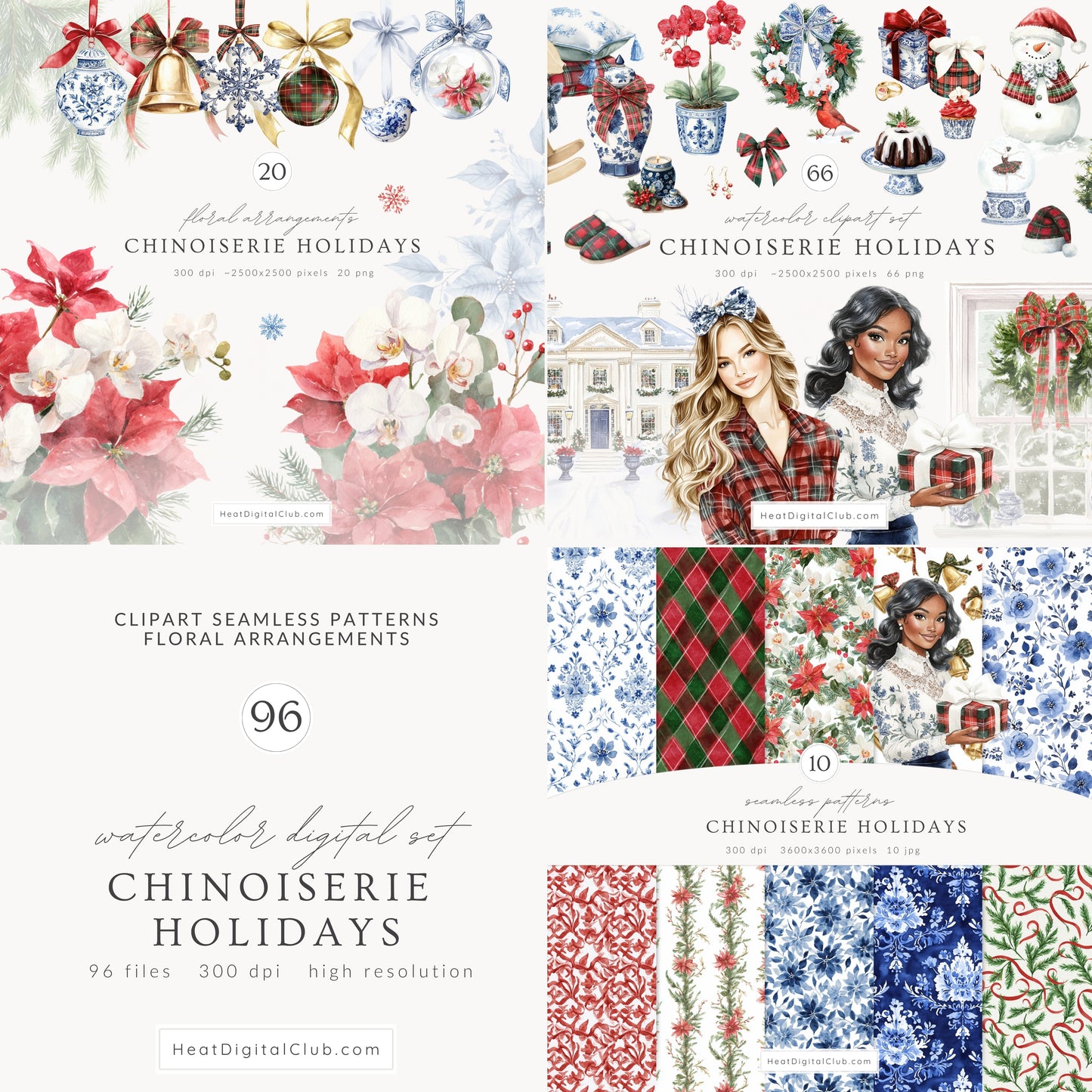 Chinoiserie Holidays - Collection Bundle, Christmas, Tartan,  Grandmillennial  | 96 PNG/JPEG