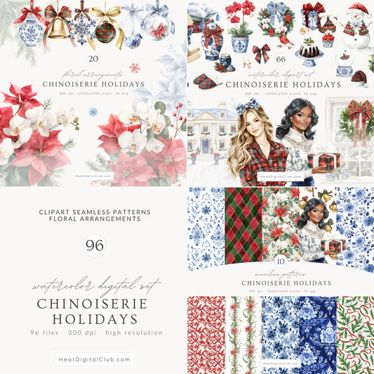 Chinoiserie Holidays - Collection Bundle, Christmas, Tartan,  Grandmillennial  | 96 PNG/JPEG