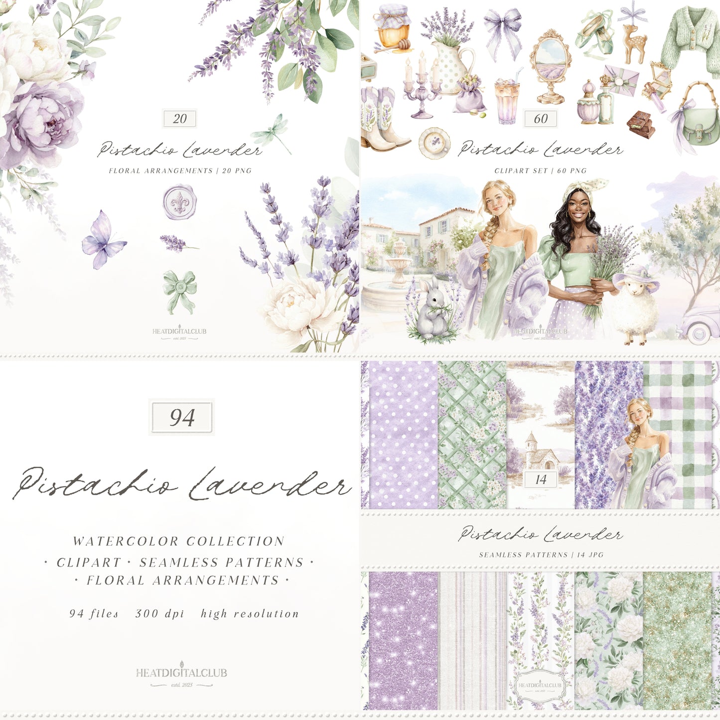 Pistachio Lavender - Bundle Clipart & Patterns, French Countryside Aesthetic, Lavender Field, Romantic Spring  | 94 PNG/JPEG
