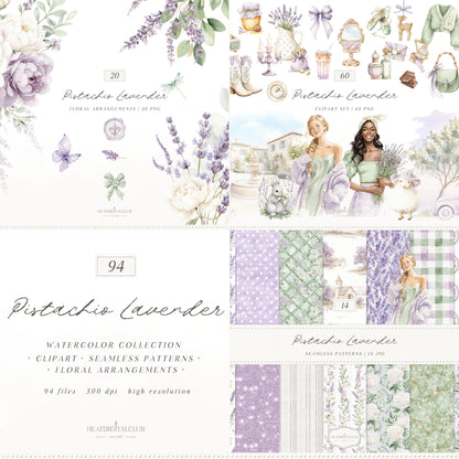 Pistachio Lavender - Bundle Clipart & Patterns, French Countryside Aesthetic, Lavender Field, Romantic Spring  | 94 PNG/JPEG