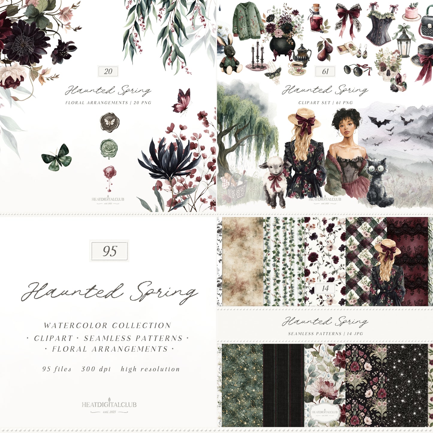 Haunted Spring - Bundle Clipart, Gothic Spring, Dark Floral, Moody Spring, Cottagecore | 95 PNG/JPEG