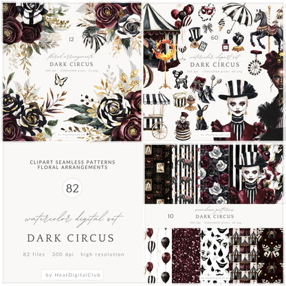 Dark Circus - Collection Bundle, Gothic Halloween, Vintage Carnival | 82 PNG/JPEG