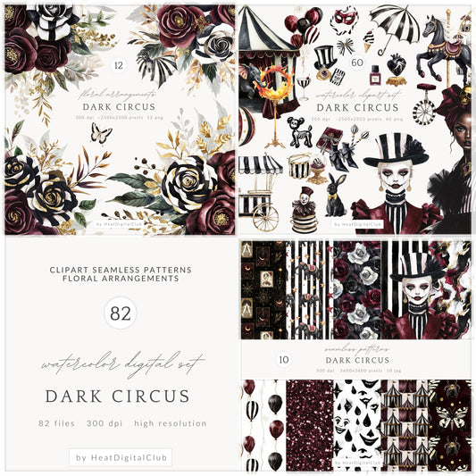 Dark Circus - Collection Bundle, Gothic Halloween, Vintage Carnival | 82 PNG/JPEG