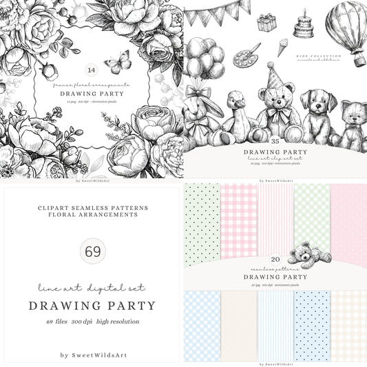 Drawing Party - Collection Bundle,  Line Art, Birthday, Black and White | 69 PNG/JPEG