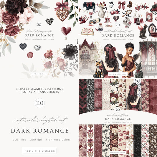 Dark Romance - Clipart Bundle, Gothic Valentine's Day, Cottagecore Aesthetic, Vintage Love | 110 PNG/JPEG