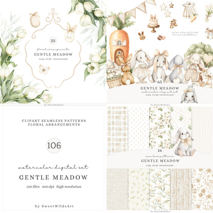 Gentle Meadow - Bundle Clipart, Easter Rabbits, Spring, Neutral Cottagecore, Baby Shower, Nursery | 106 PNG/JPEG