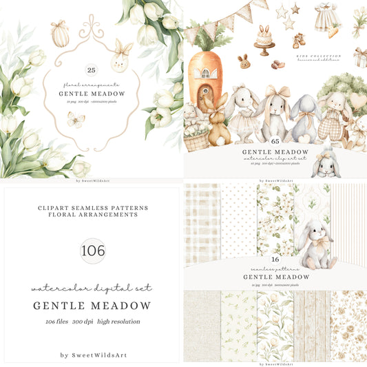 Gentle Meadow - Bundle Clipart, Easter Rabbits, Spring, Neutral Cottagecore, Baby Shower, Nursery | 106 PNG/JPEG