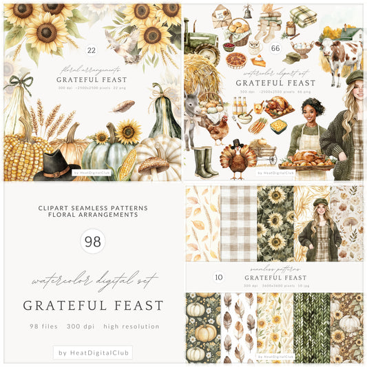 Grateful Feast - Collection Bundle, Thanksgiving Day, Autumn Harvest, Fall | 98 PNG/JPEG