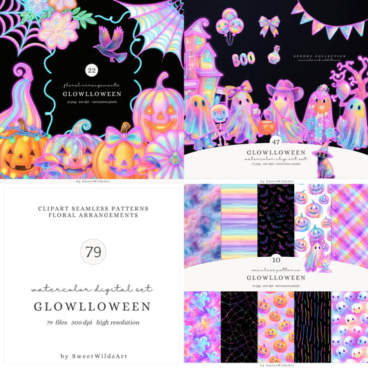 Glowlloween - Halloween Collection Bundle, Neon Ghost, Cute Spooky | 79 PNG/JPEG