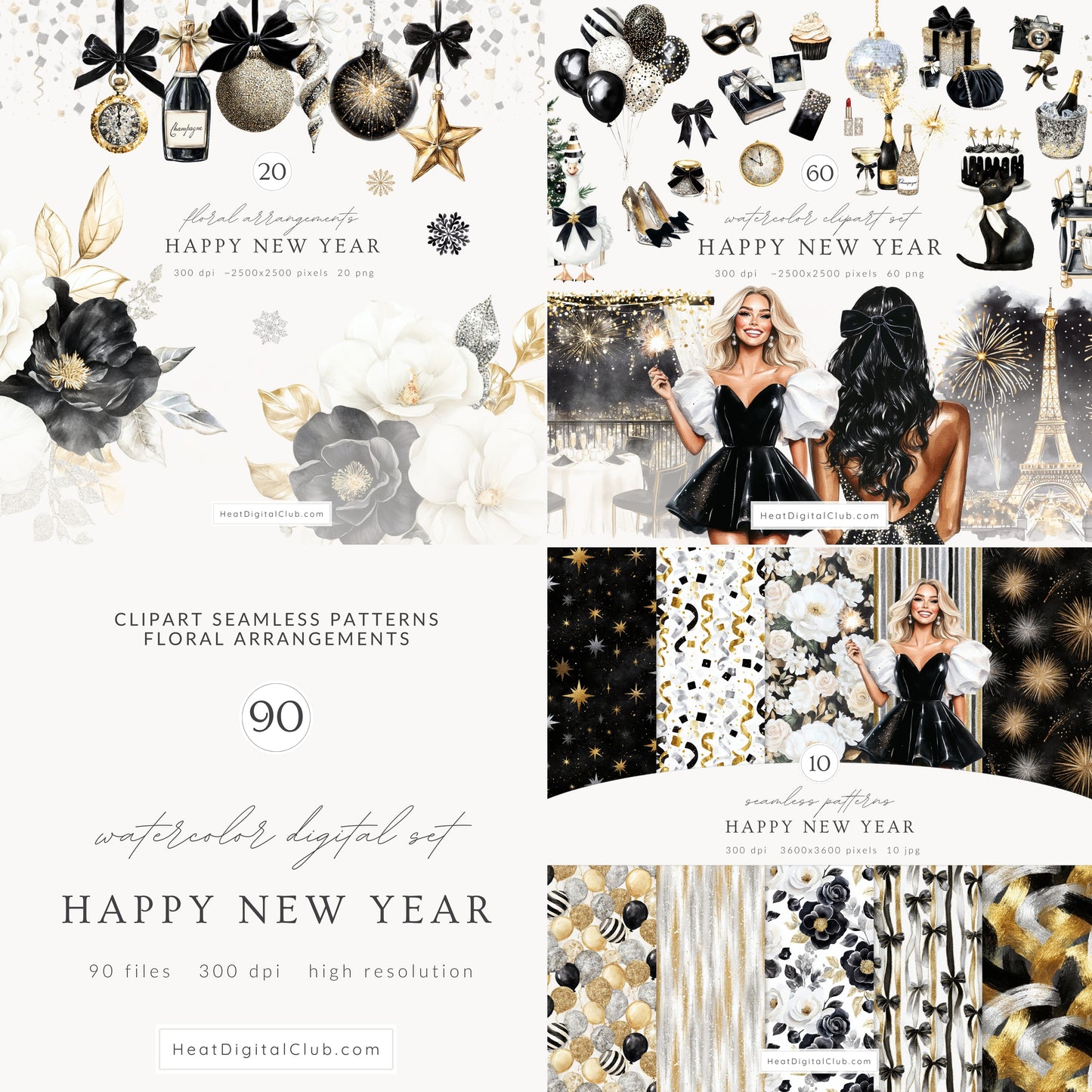 Happy New Year - Collection Bundle, Black Gold Silver Party, Holiday | 90 PNG/JPEG
