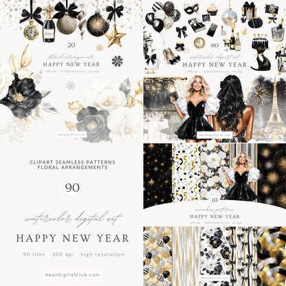Happy New Year - Collection Bundle, Black Gold Silver Party, Holiday | 90 PNG/JPEG