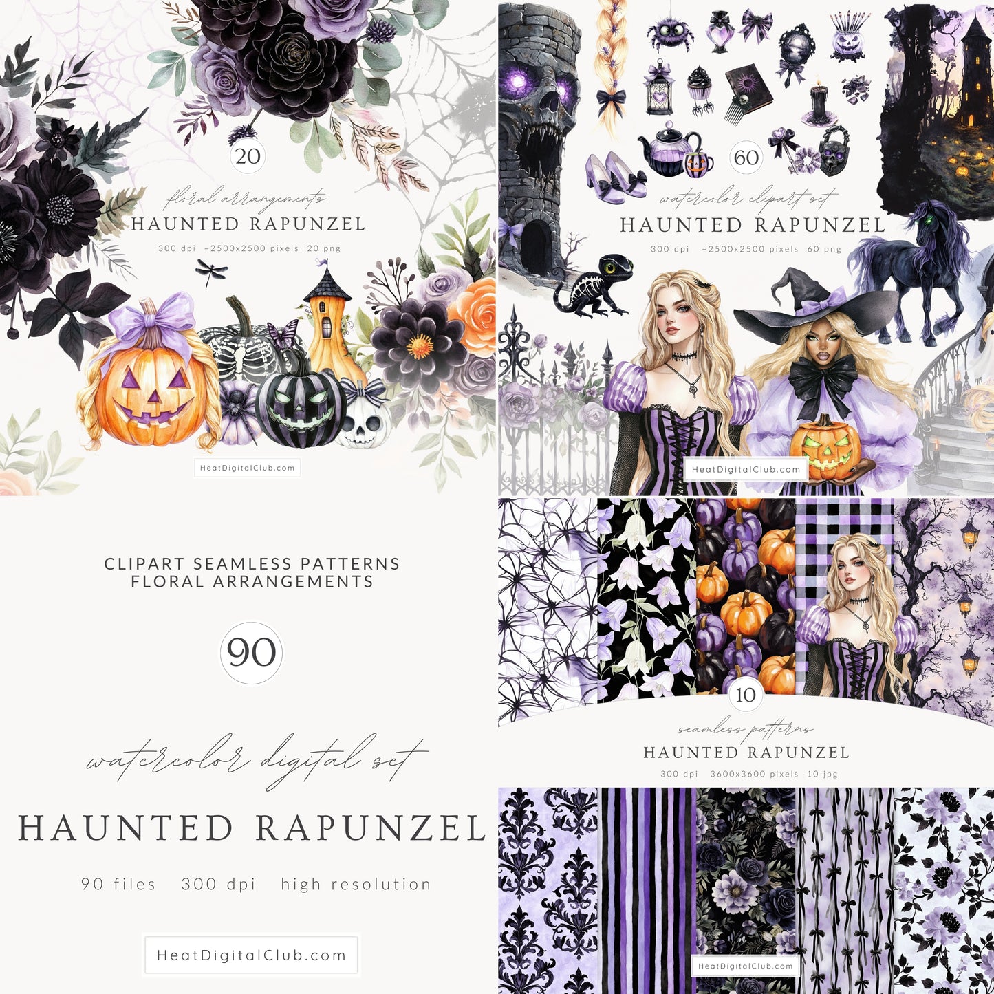 Haunted Rapunzel -  Watercolor Collection Bundle, Clipart, Patterns & Florals | 90 PNG/JPEG