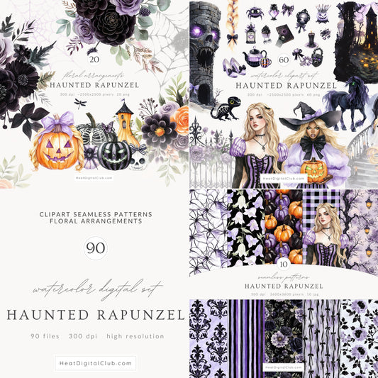 Haunted Rapunzel -  Watercolor Collection Bundle, Clipart, Patterns & Florals | 90 PNG/JPEG