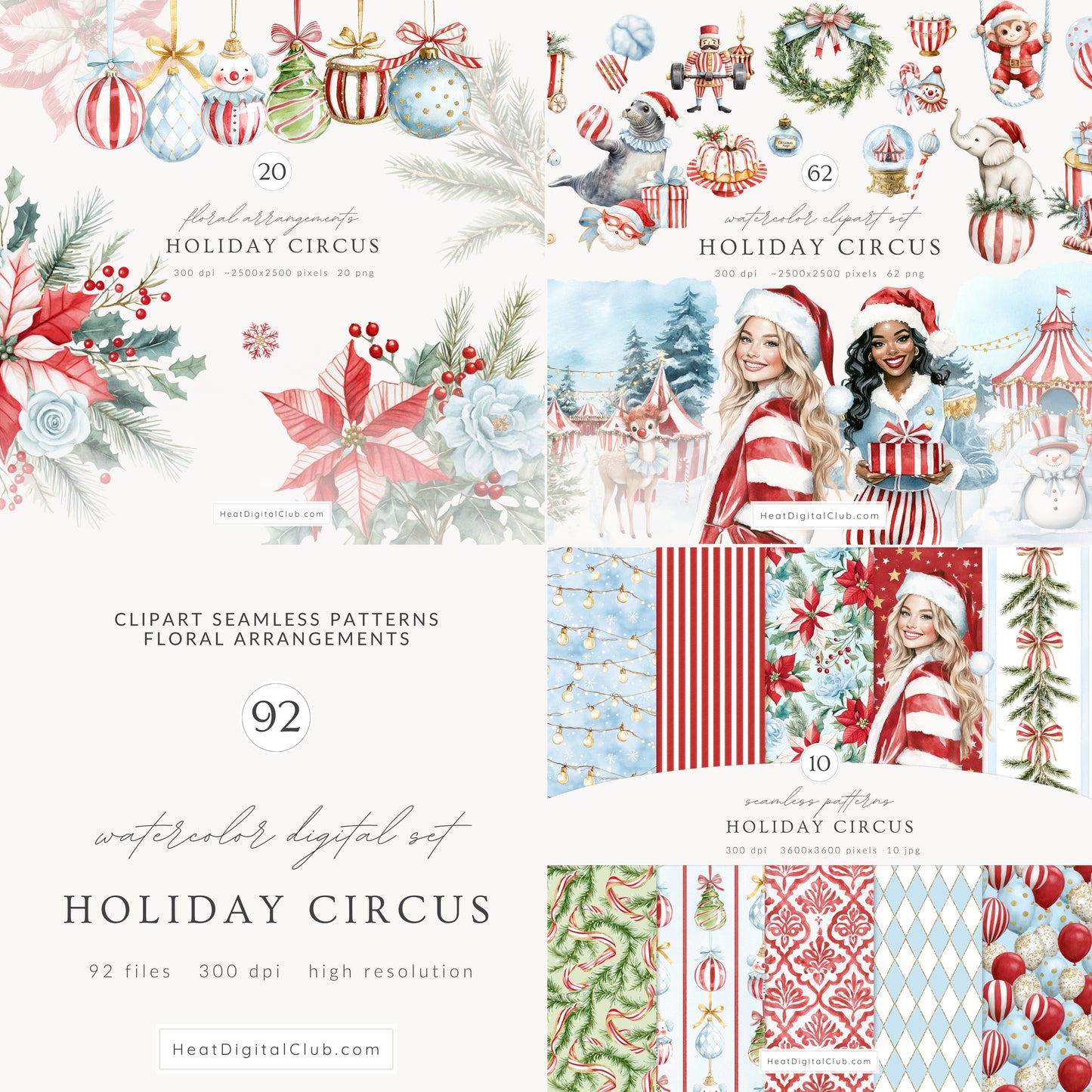 Holiday Circus - Collection Clipart Bundle, Christmas, Festive Animals, Carnival  | 92 PNG/JPEG