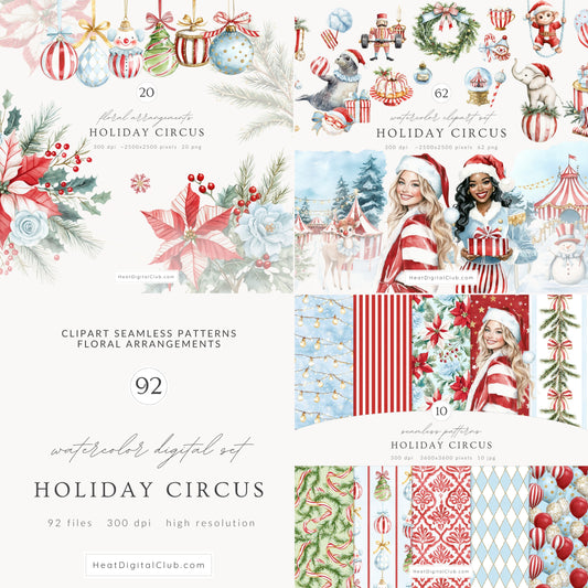 Holiday Circus - Collection Clipart Bundle, Christmas, Festive Animals, Carnival  | 92 PNG/JPEG