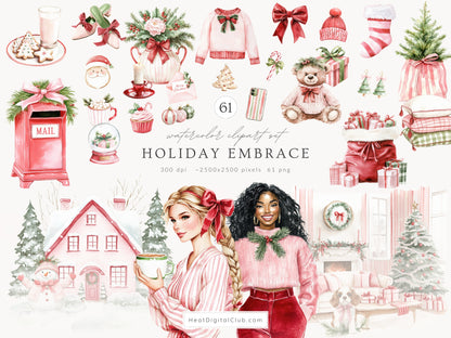 Holiday Embrace -  Watercolor Clipart Set, Elegant Cozy Christmas  | 61 PNG