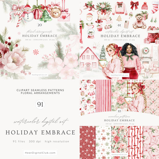 Holiday Embrace - Clipart & Patterns Collection, Elegant Cozy Winter Christmas | 91 PNG/JPEG