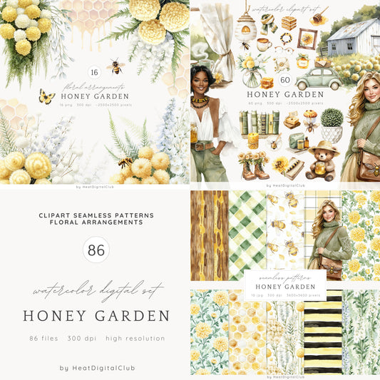 Honey Garden - Collection Bundle, Cottagecore, Honeycomb | 86 PNG/JPEG