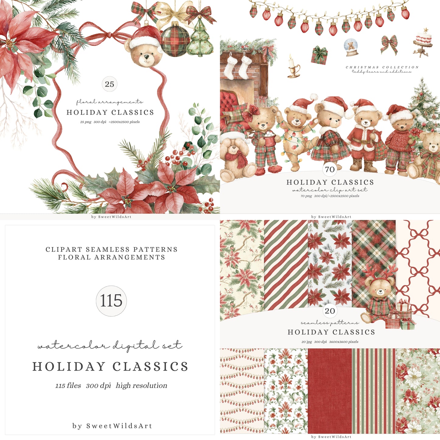 Holiday Classics - Christmas Bears Collection Clipart, Cute Teddy Bears | 115 PNG/JPEG
